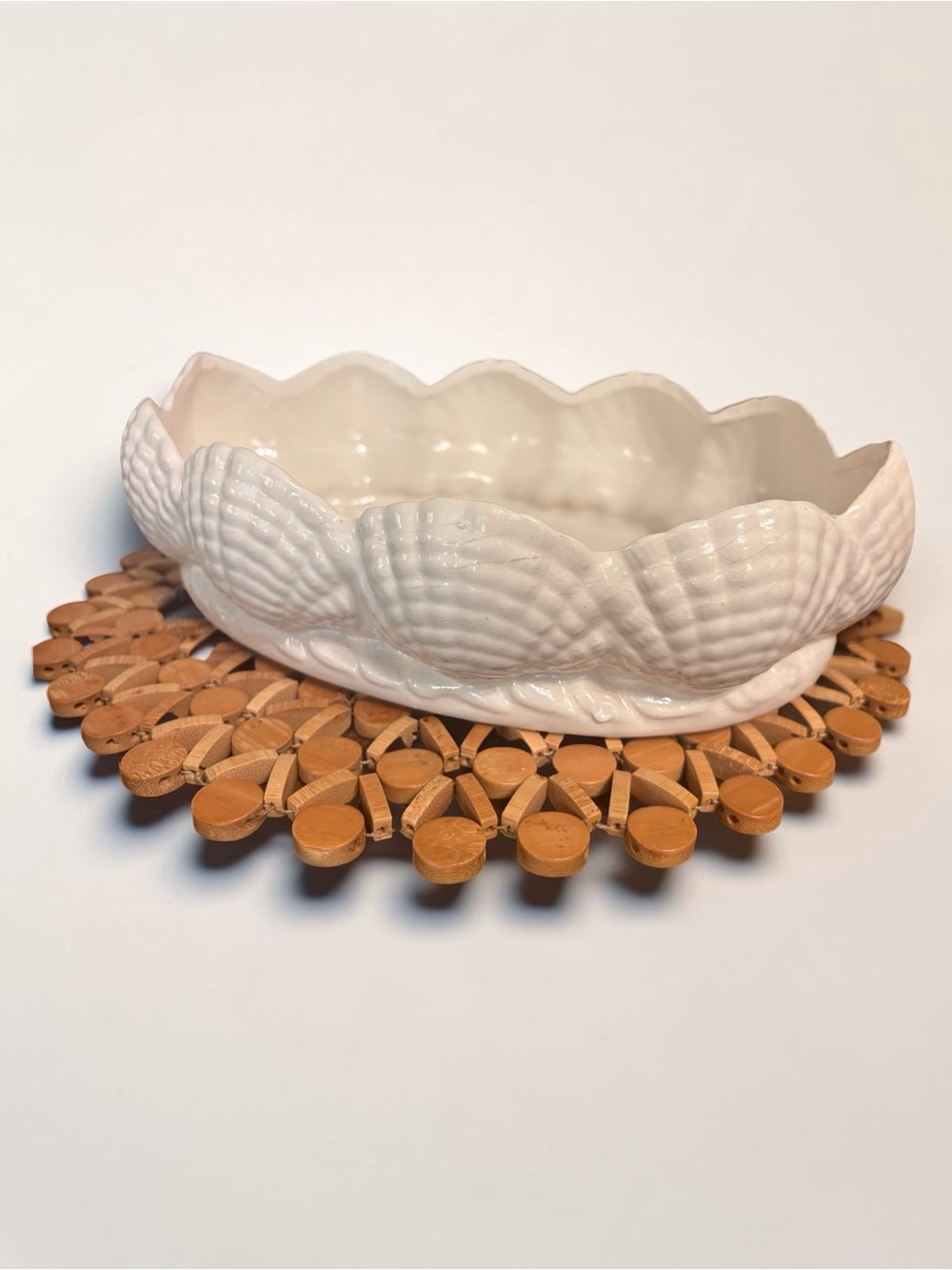 Vintage White Ceramic Seashell Planter Scalloped Coastal Shell Bowl Pot Glossy